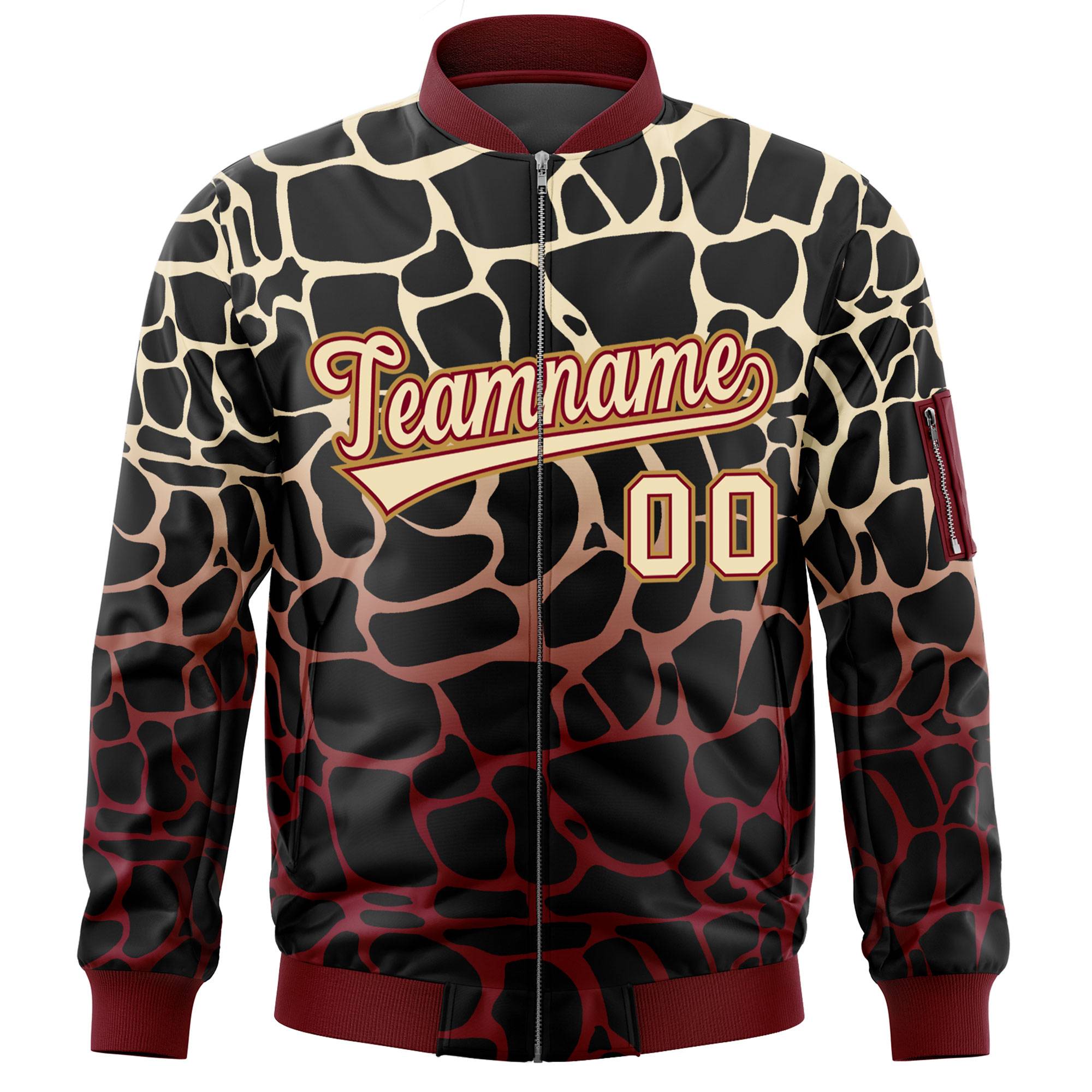 Custom Black Khaki-Crimson Varsity Full-Zip Spotted Letterman Bomber Jacket