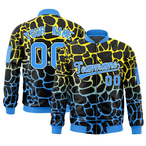 Custom Black Gold-Power Blue Varsity Full-Zip Spotted Letterman Bomber Jacket