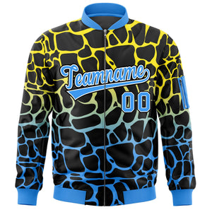 Custom Black Gold-Power Blue Varsity Full-Zip Spotted Letterman Bomber Jacket