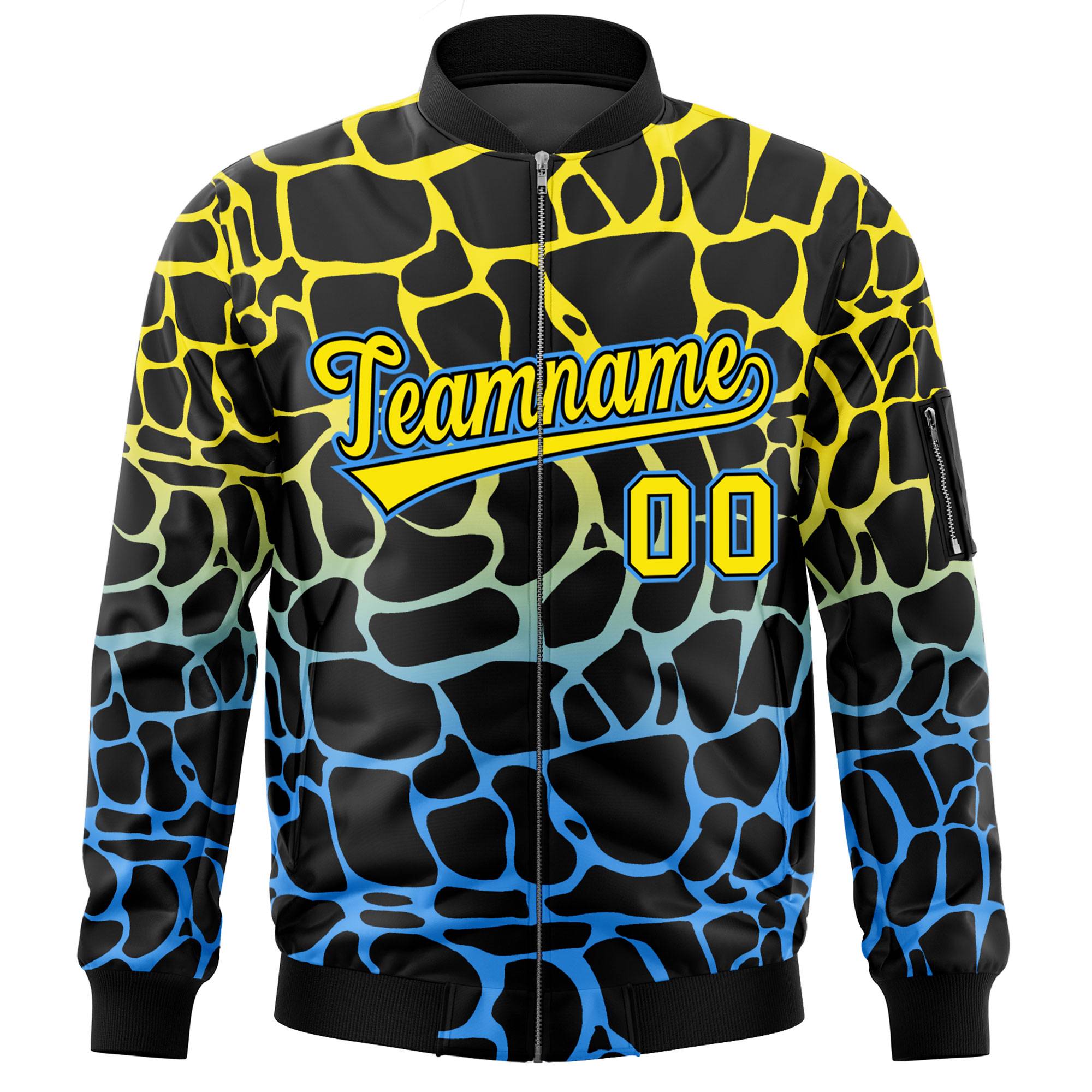 Custom Black Gold-Light Blue Varsity Full-Zip Spotted Letterman Bomber Jacket