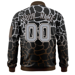 Custom Black Gray-Brown Varsity Full-Zip Spotted Letterman Bomber Jacket