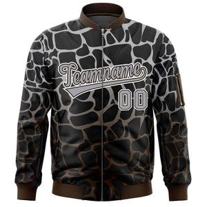 Custom Black Gray-Brown Varsity Full-Zip Spotted Letterman Bomber Jacket