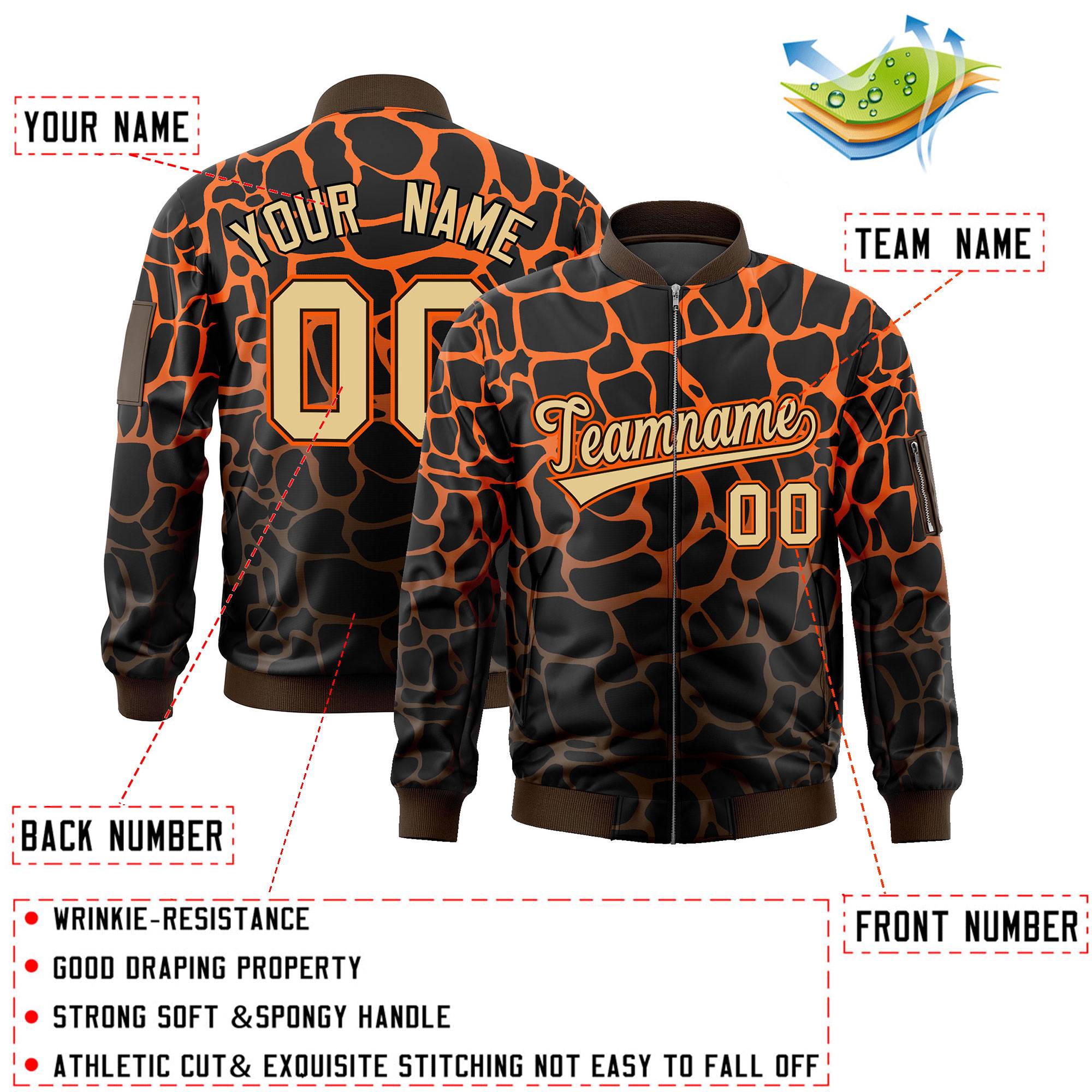 Custom Black Orange-Brown Varsity Full-Zip Spotted Letterman Bomber Jacket