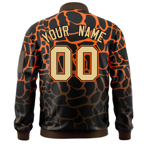 Custom Black Orange-Brown Varsity Full-Zip Spotted Letterman Bomber Jacket