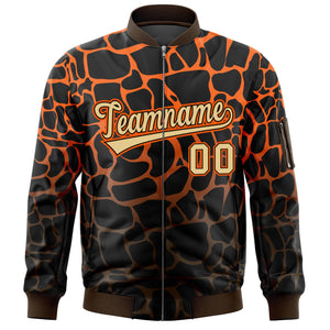 Custom Black Orange-Brown Varsity Full-Zip Spotted Letterman Bomber Jacket