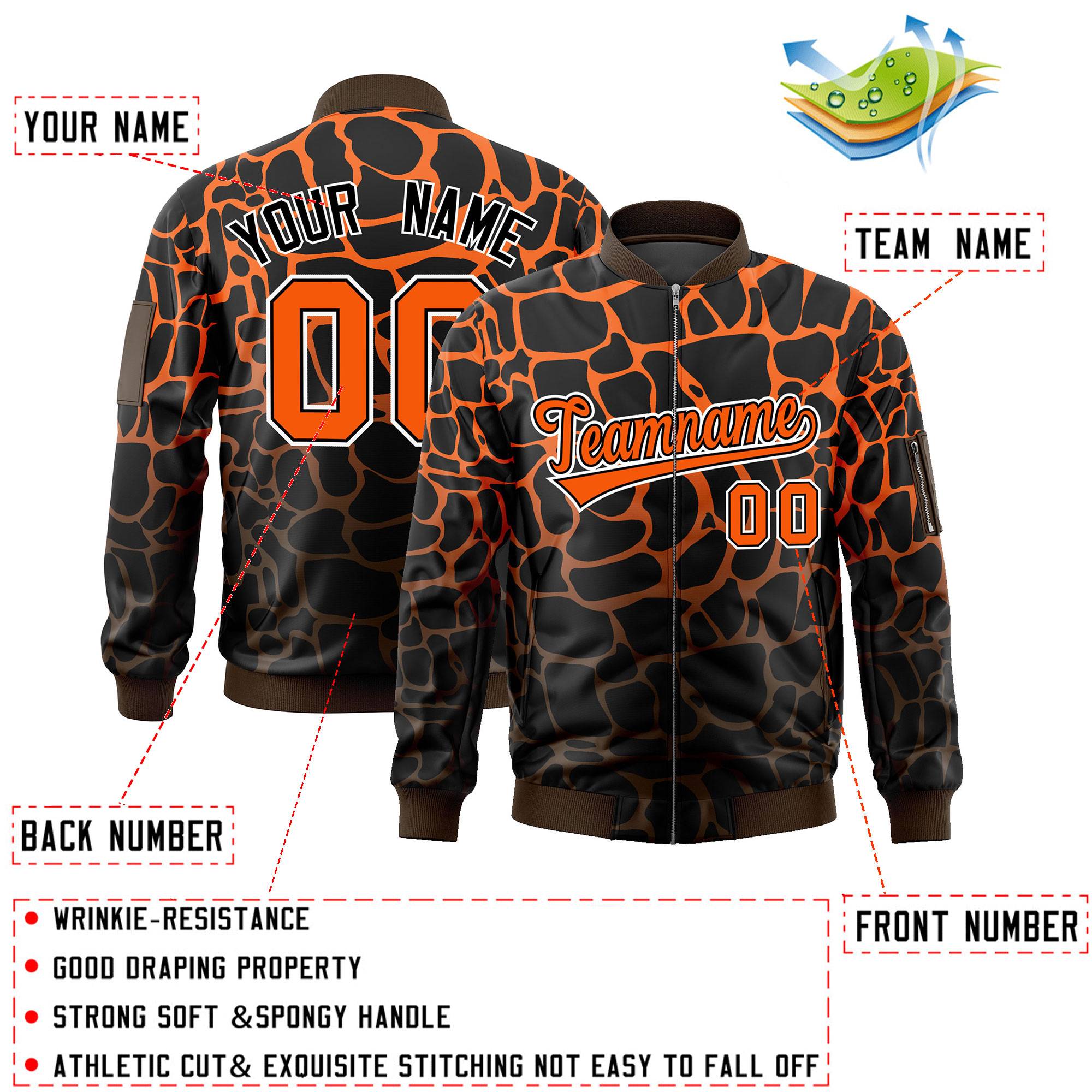 Custom Black Orange-Brown Varsity Full-Zip Spotted Letterman Bomber Jacket