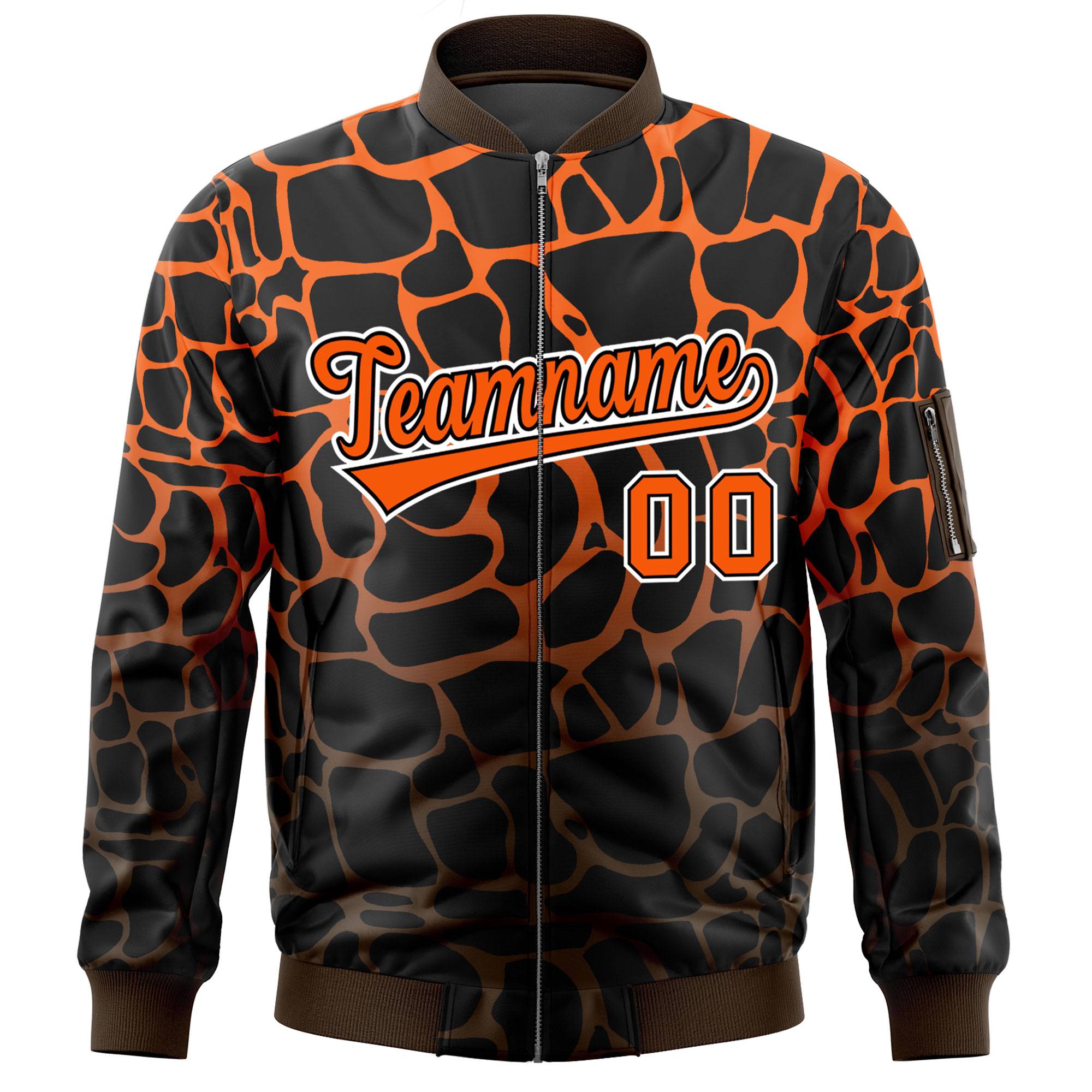 Custom Black Orange-Brown Varsity Full-Zip Spotted Letterman Bomber Jacket