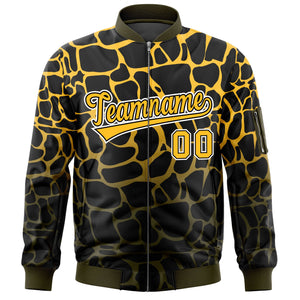 Custom Black Gold-Olive Varsity Full-Zip Spotted Letterman Bomber Jacket