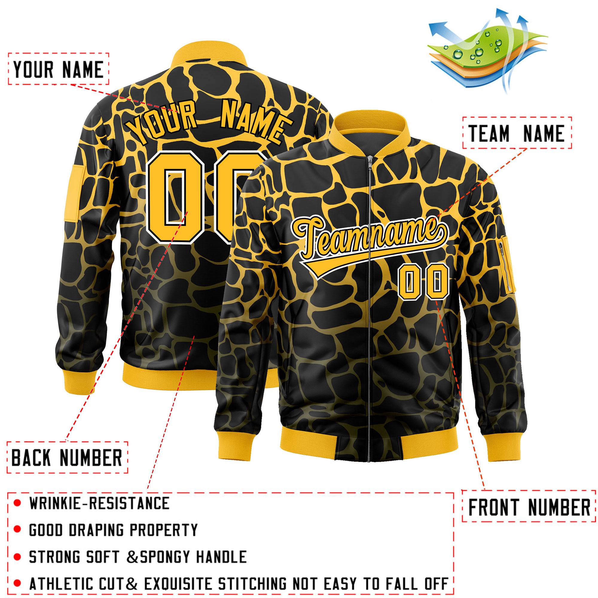 Custom Black Gold-Olive Varsity Full-Zip Spotted Letterman Bomber Jacket