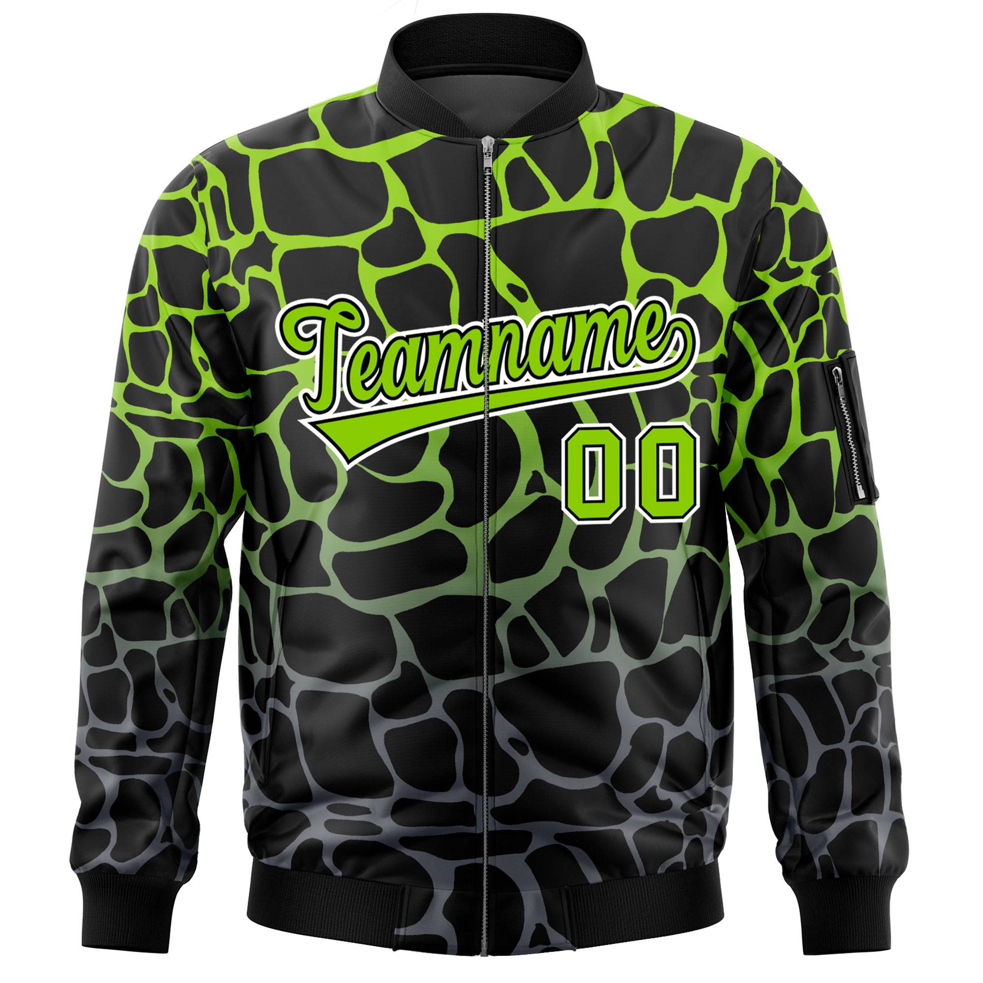 Custom Black Neon Green-Gray Varsity Full-Zip Spotted Letterman Bomber Jacket