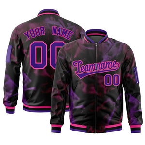 Custom Black Purple-Pink Varsity Full-Zip Blur Spray Letterman Bomber Jacket