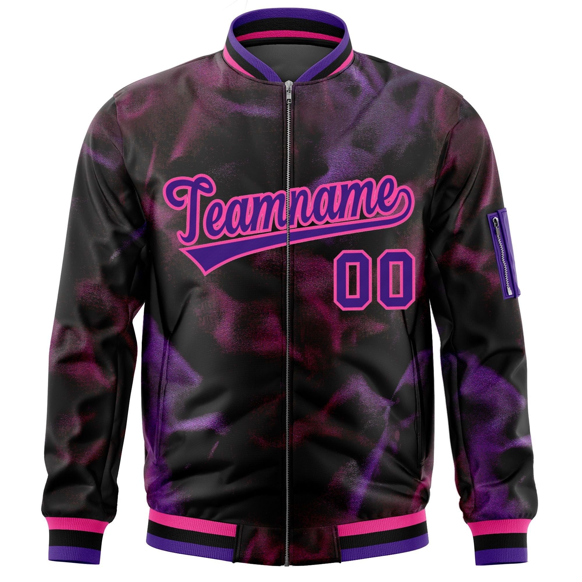 Custom Black Purple-Pink Varsity Full-Zip Blur Spray Letterman Bomber Jacket