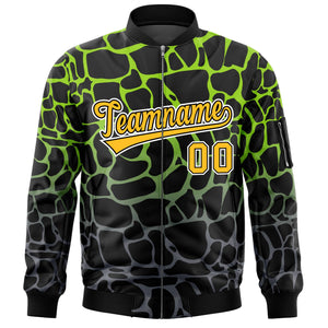 Custom Black Neon Green-Gray Varsity Full-Zip Spotted Letterman Bomber Jacket