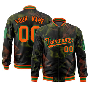 Custom Black Orange-Green Varsity Full-Zip Blur Spray Letterman Bomber Jacket