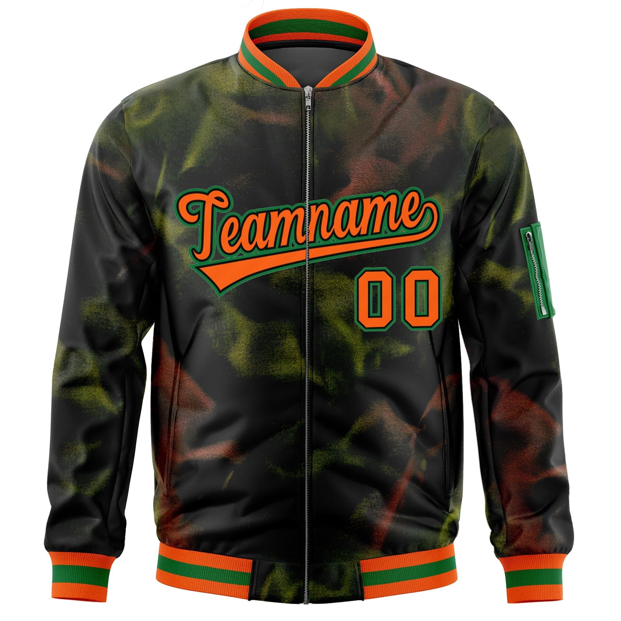 Custom Black Orange-Green Varsity Full-Zip Blur Spray Letterman Bomber Jacket