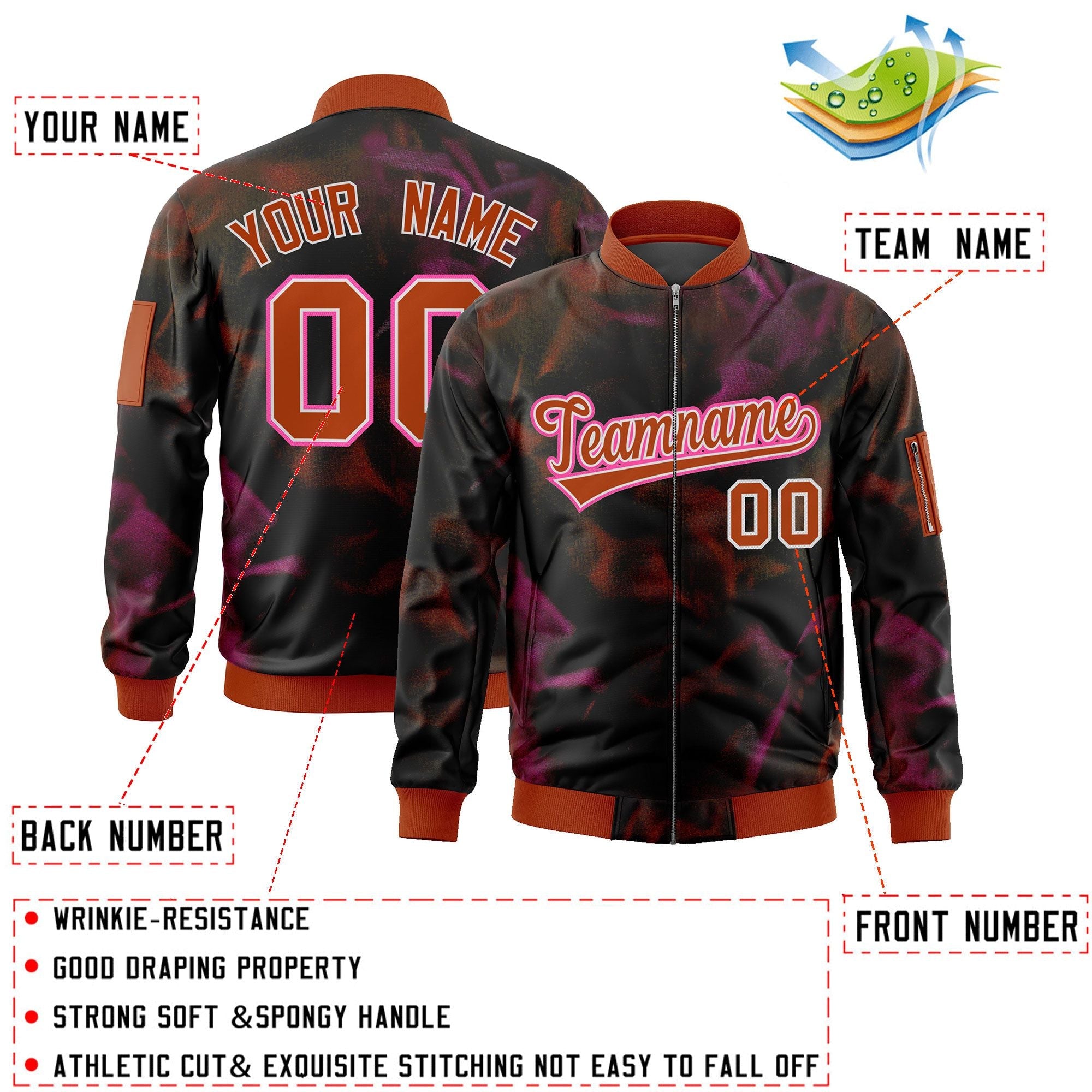 Custom Black Red-Pink Varsity Full-Zip Blur Spray Letterman Bomber Jacket