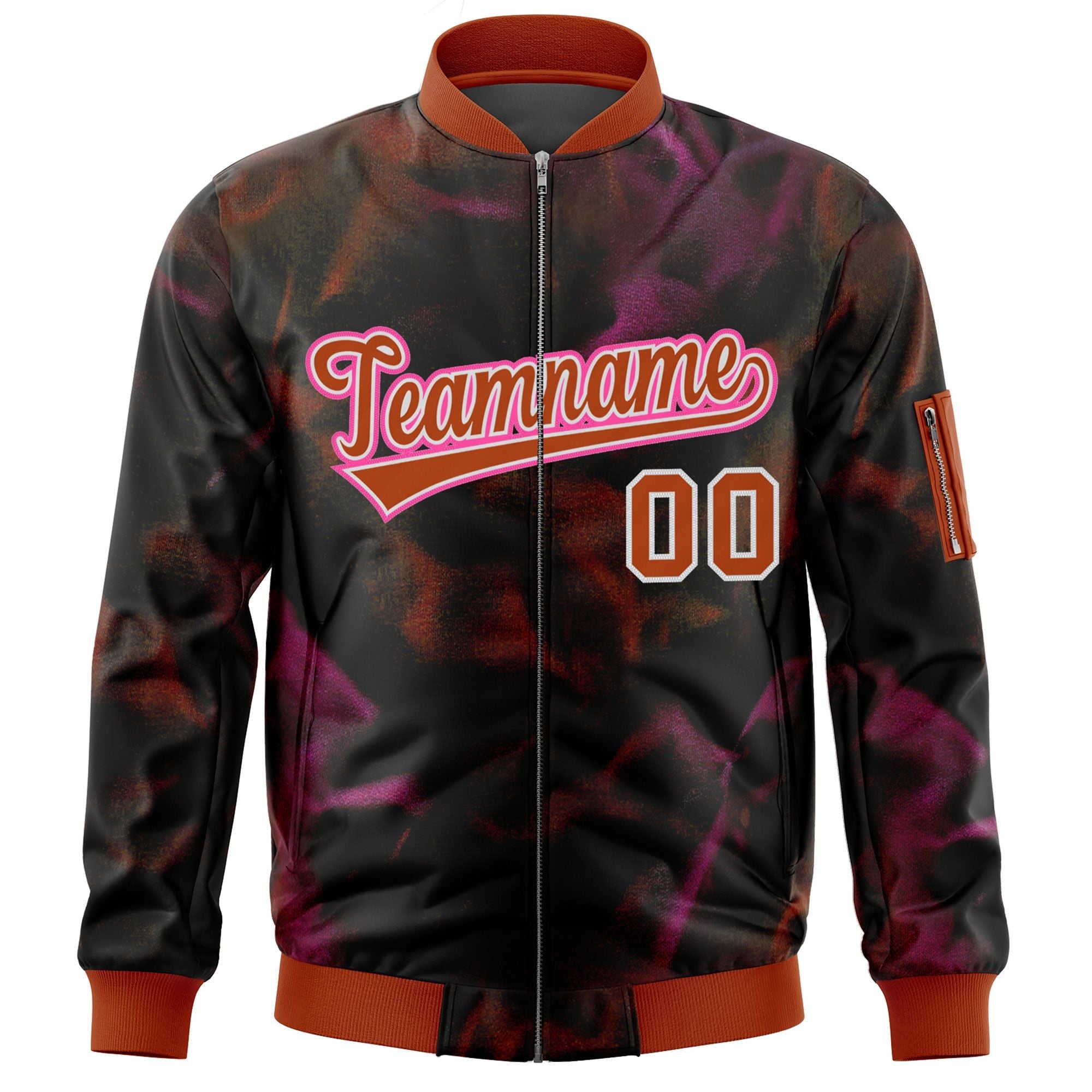 Custom Black Red-Pink Varsity Full-Zip Blur Spray Letterman Bomber Jacket