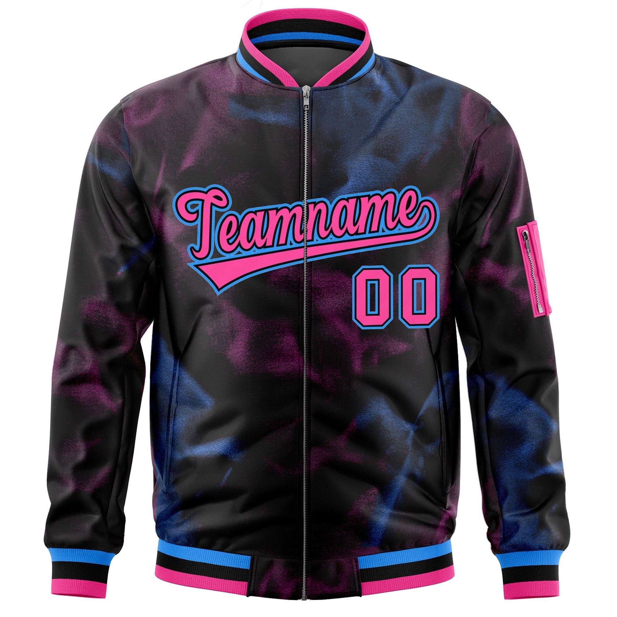 Custom Black Pink-Powder Blue Varsity Full-Zip Blur Spray Letterman Bomber Jacket