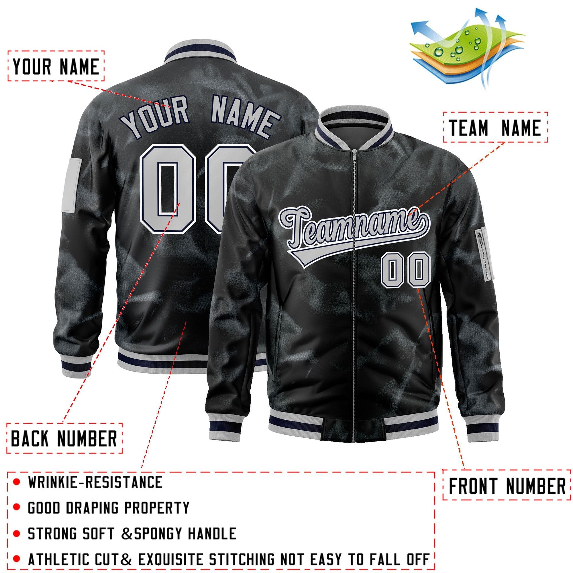 Custom Black Gray-White Varsity Full-Zip Blur Spray Letterman Bomber Jacket