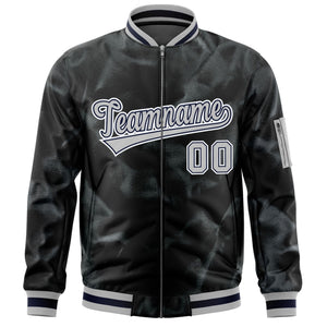 Custom Black Gray-White Varsity Full-Zip Blur Spray Letterman Bomber Jacket