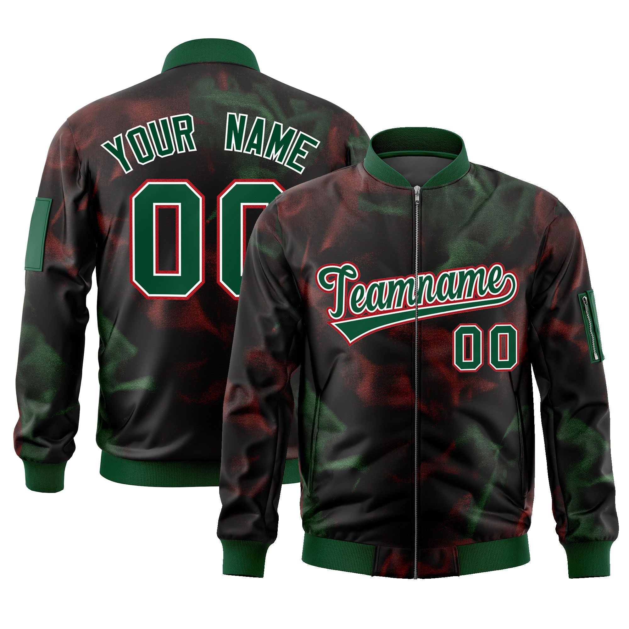 Custom Black Green-Red Varsity Full-Zip Blur Spray Letterman Bomber Jacket