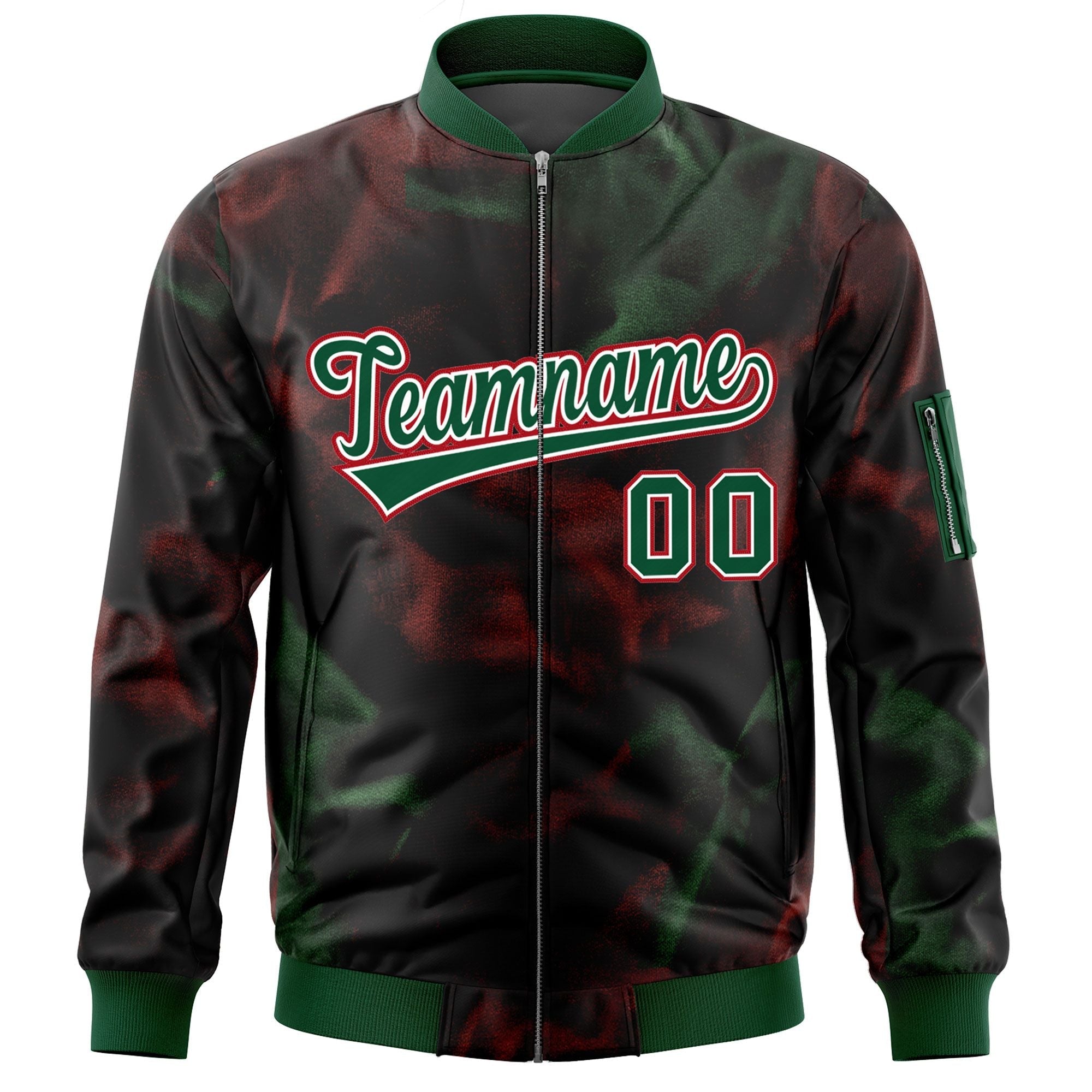 Custom Black Green-Red Varsity Full-Zip Blur Spray Letterman Bomber Jacket