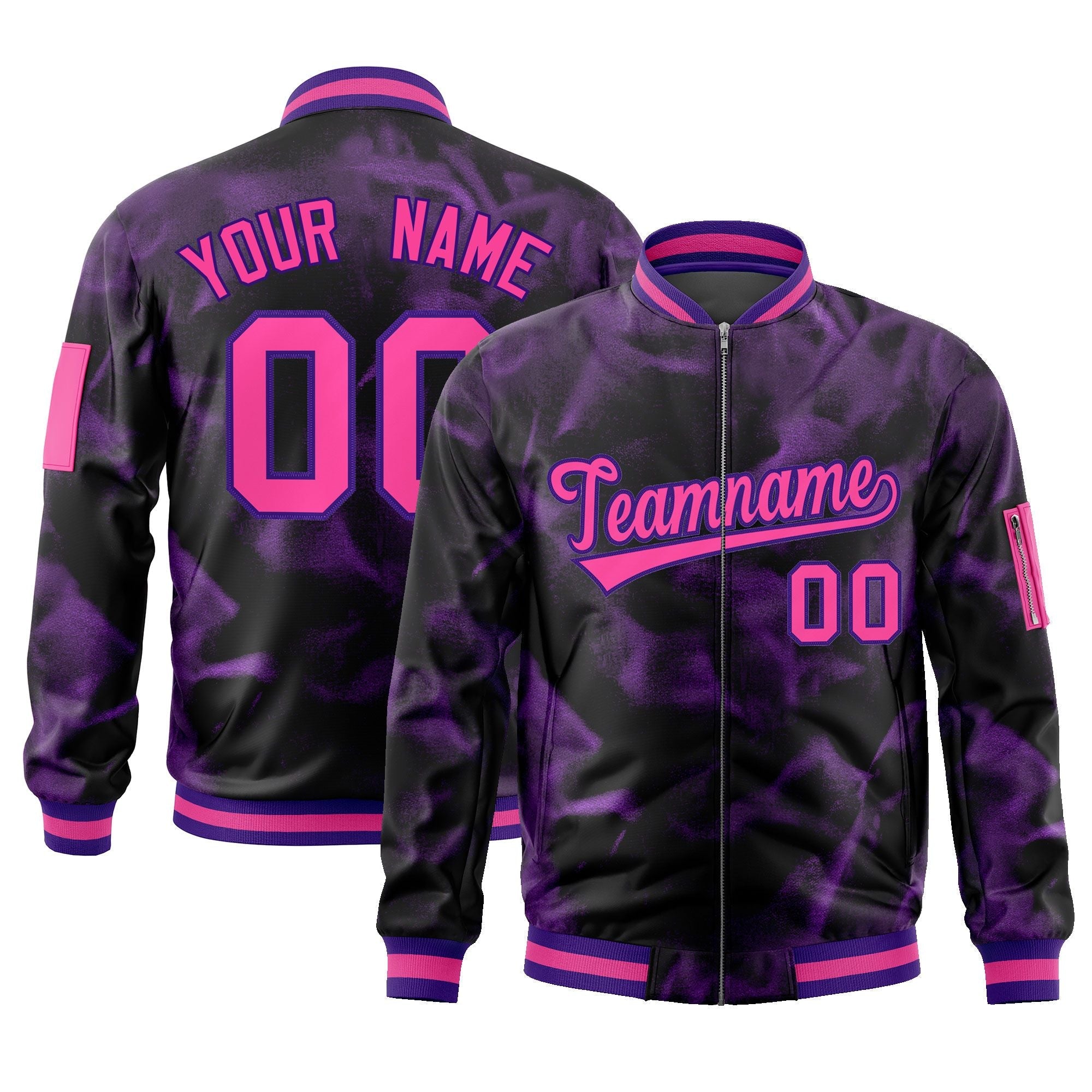 Custom Black Pink-Purple Varsity Full-Zip Blur Spray Letterman Bomber Jacket