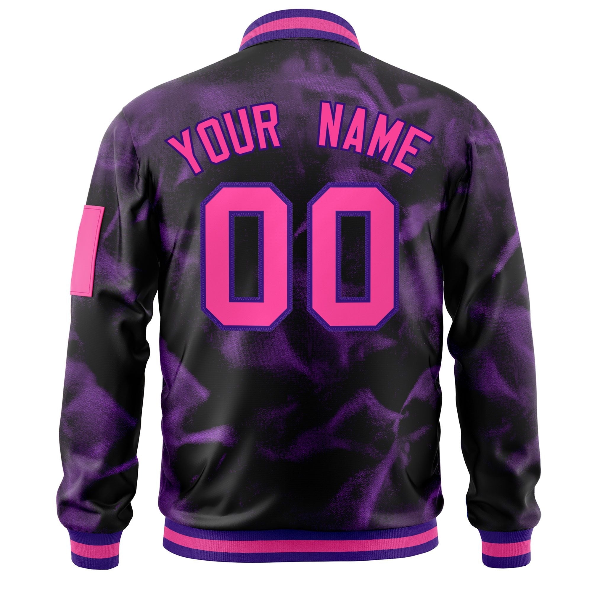 Custom Black Pink-Purple Varsity Full-Zip Blur Spray Letterman Bomber Jacket