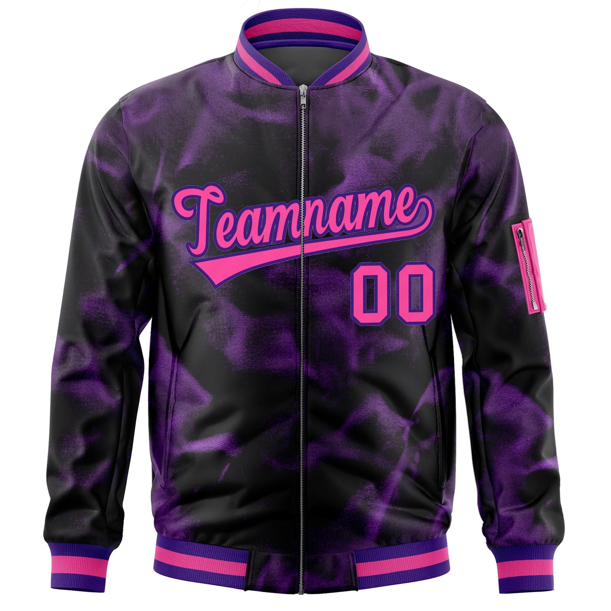 Custom Black Pink-Purple Varsity Full-Zip Blur Spray Letterman Bomber Jacket