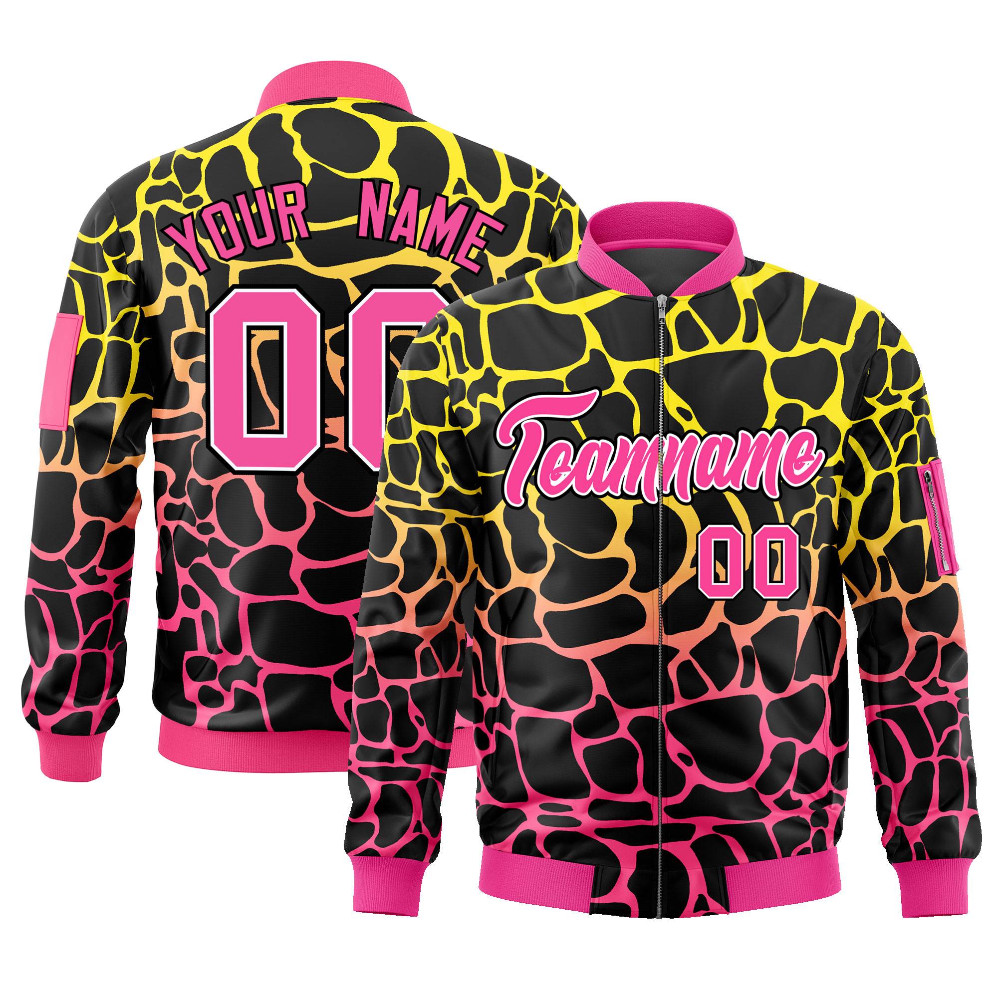 Custom Black Gold-Pink Varsity Full-Zip Spotted Letterman Bomber Jacket