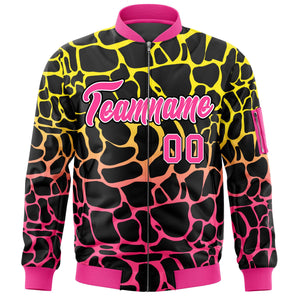 Custom Black Gold-Pink Varsity Full-Zip Spotted Letterman Bomber Jacket