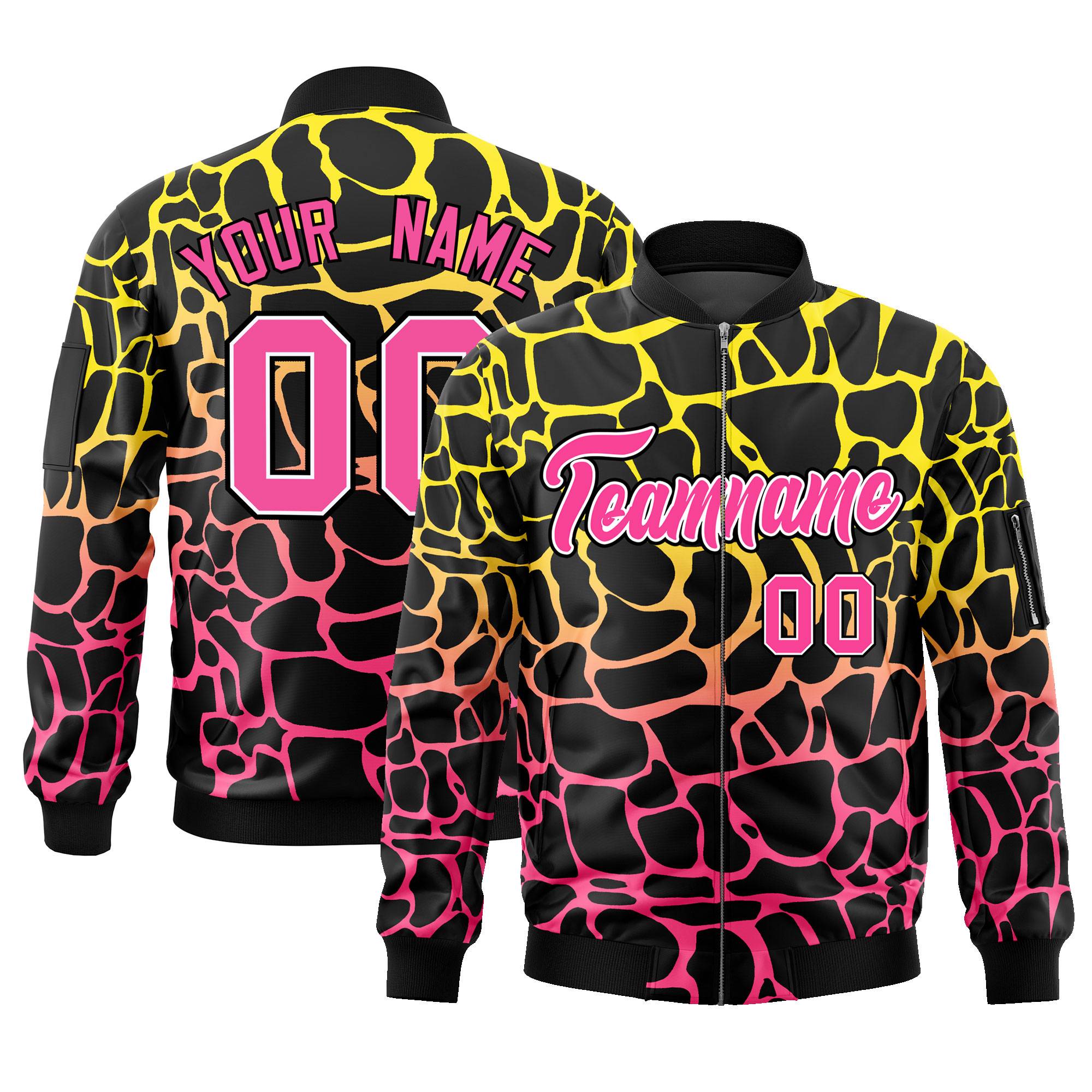 Custom Black Gold-Pink Varsity Full-Zip Spotted Letterman Bomber Jacket