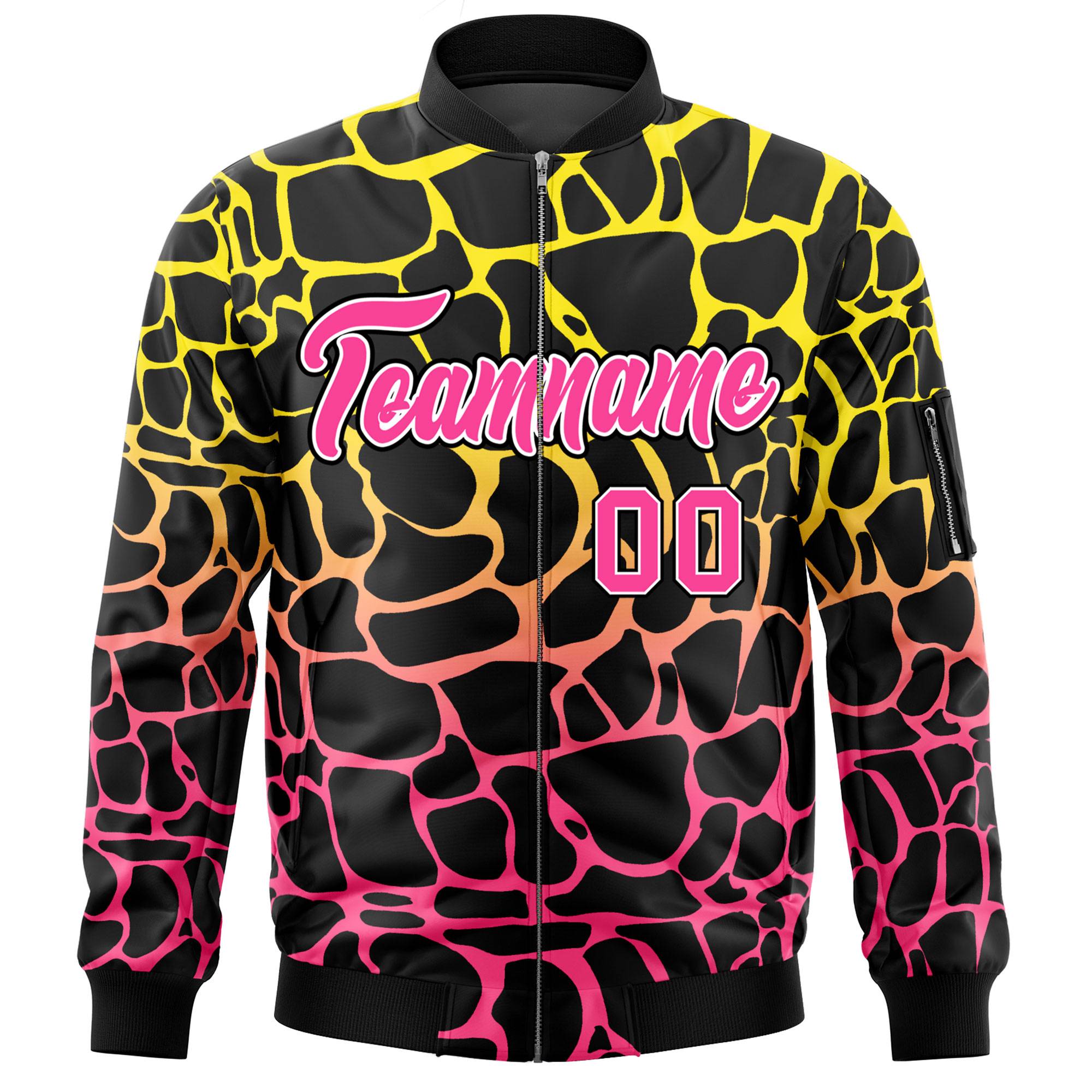 Custom Black Gold-Pink Varsity Full-Zip Spotted Letterman Bomber Jacket