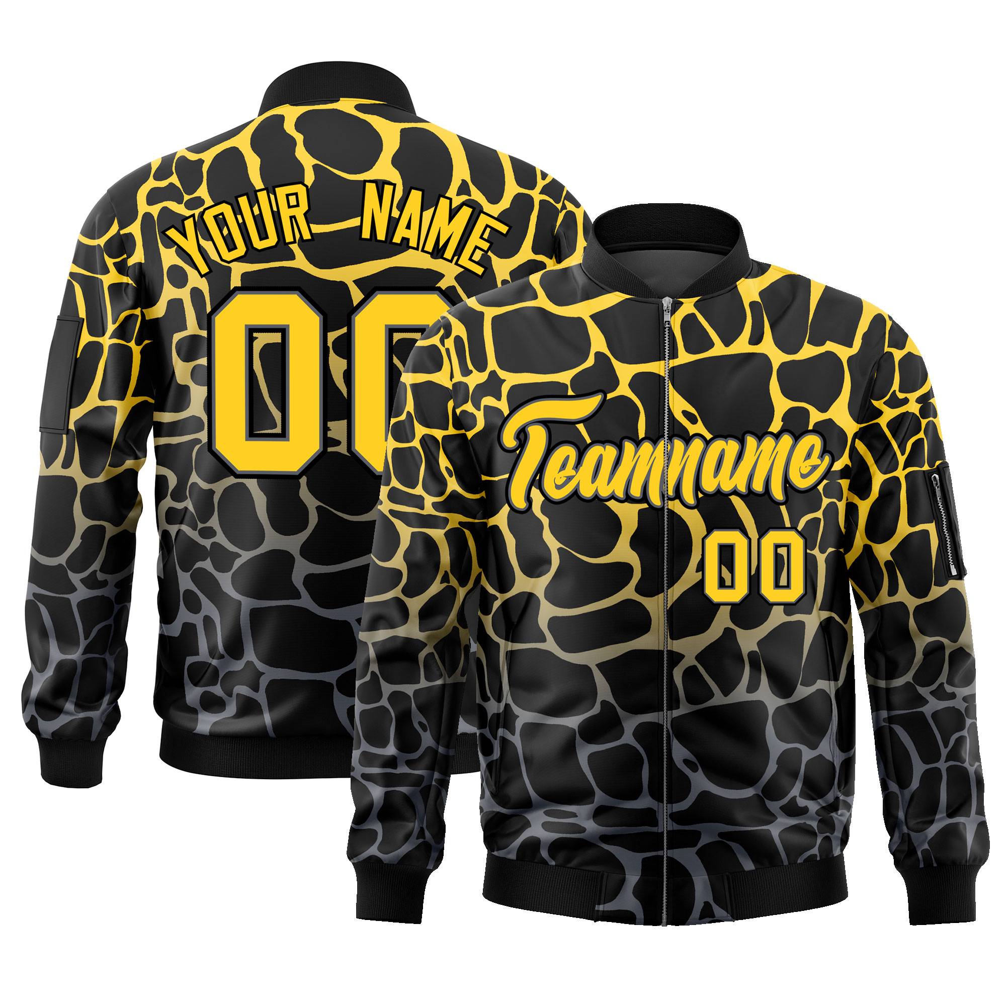 Custom Black Gold-Gray Varsity Full-Zip Spotted Letterman Bomber Jacket