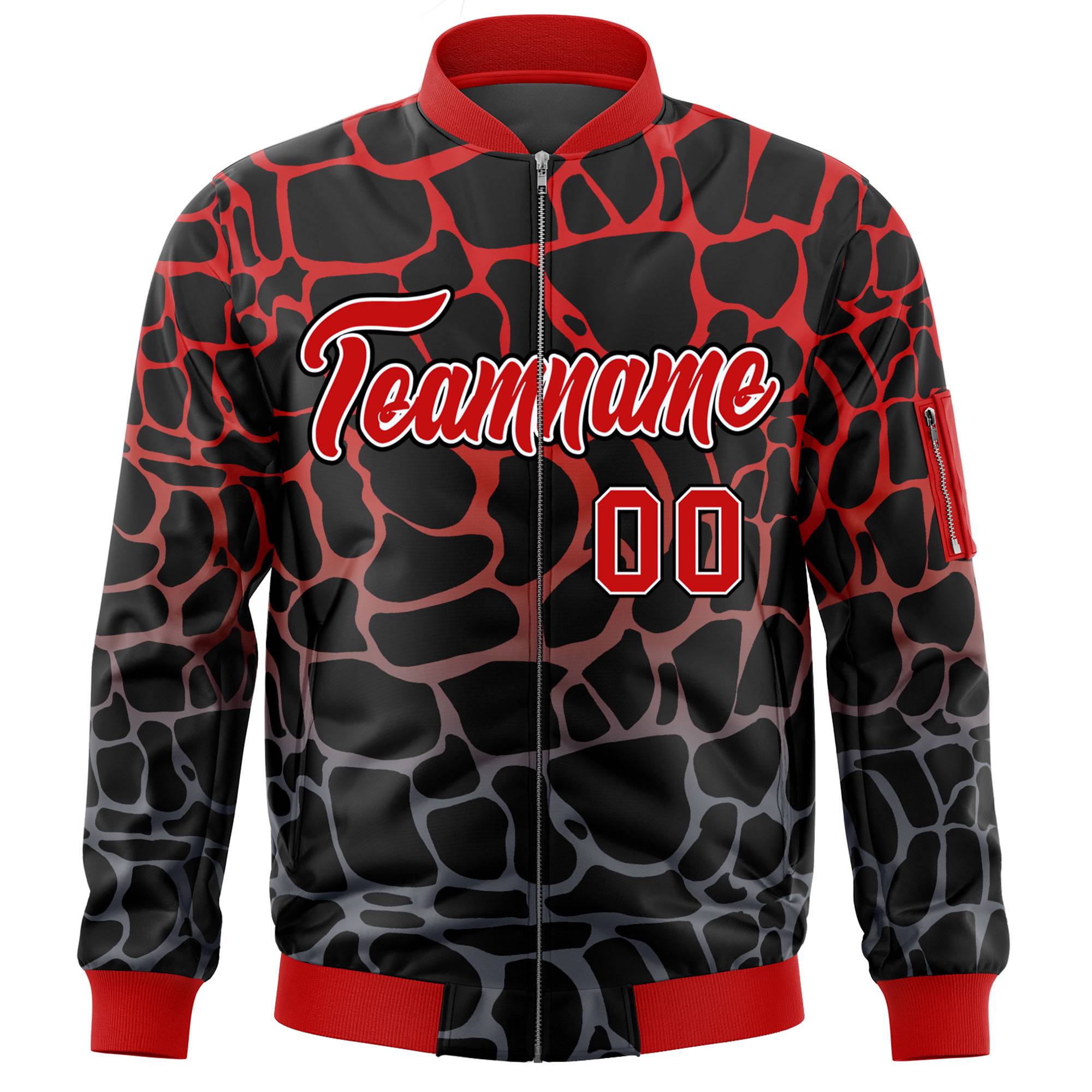 Custom Black Red-Gray Varsity Full-Zip Spotted Letterman Bomber Jacket