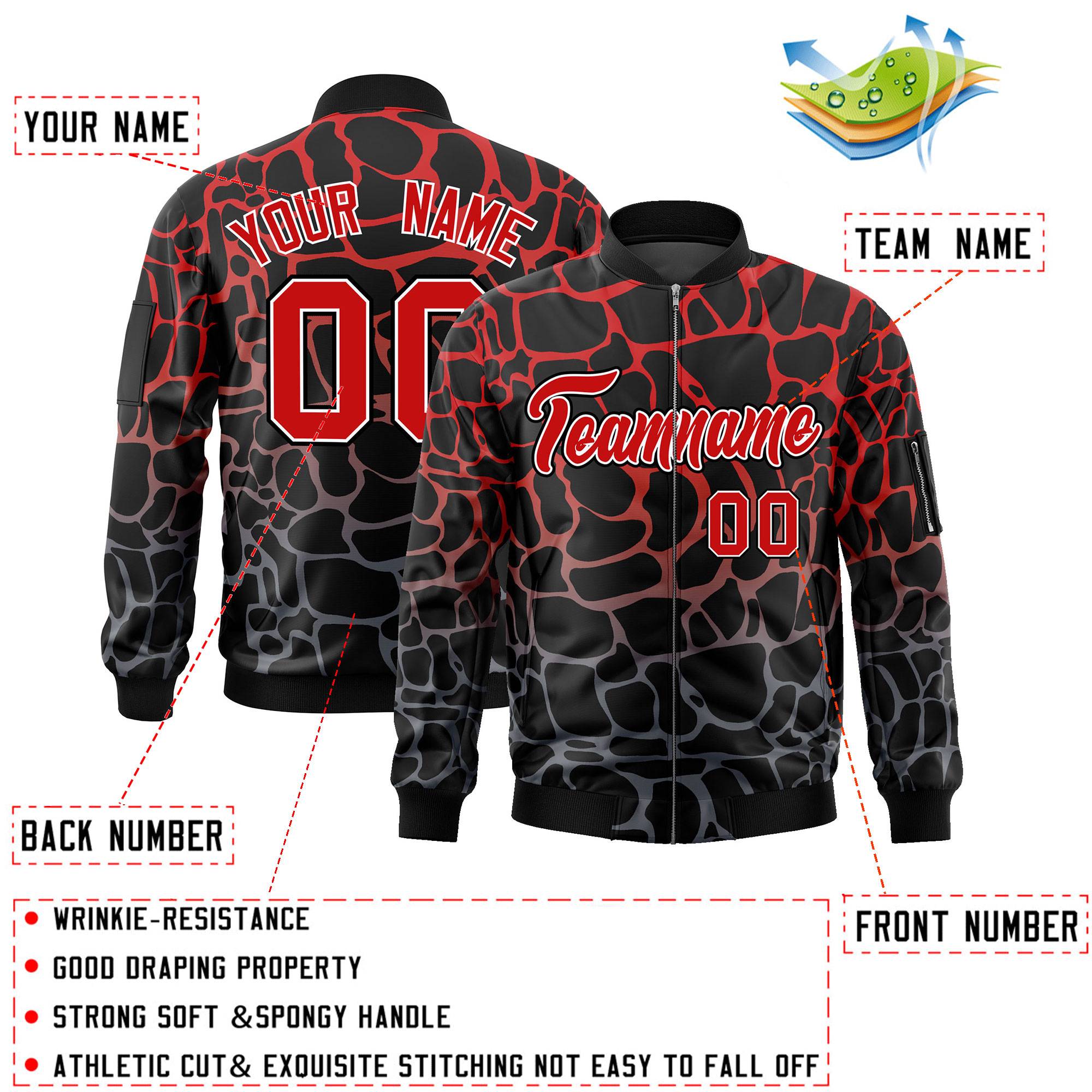 Custom Black Red-Gray Varsity Full-Zip Spotted Letterman Bomber Jacket