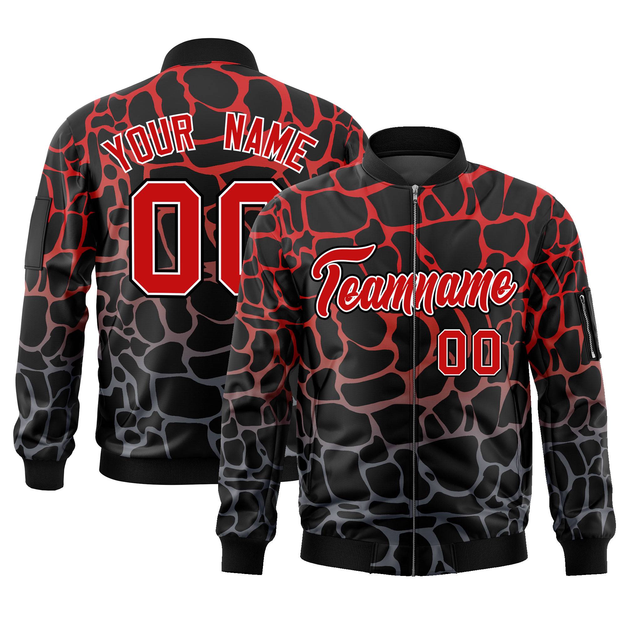 Custom Black Red-Gray Varsity Full-Zip Spotted Letterman Bomber Jacket