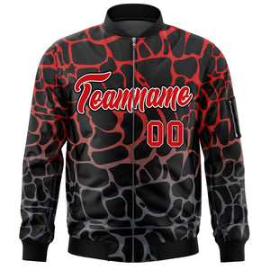 Custom Black Red-Gray Varsity Full-Zip Spotted Letterman Bomber Jacket