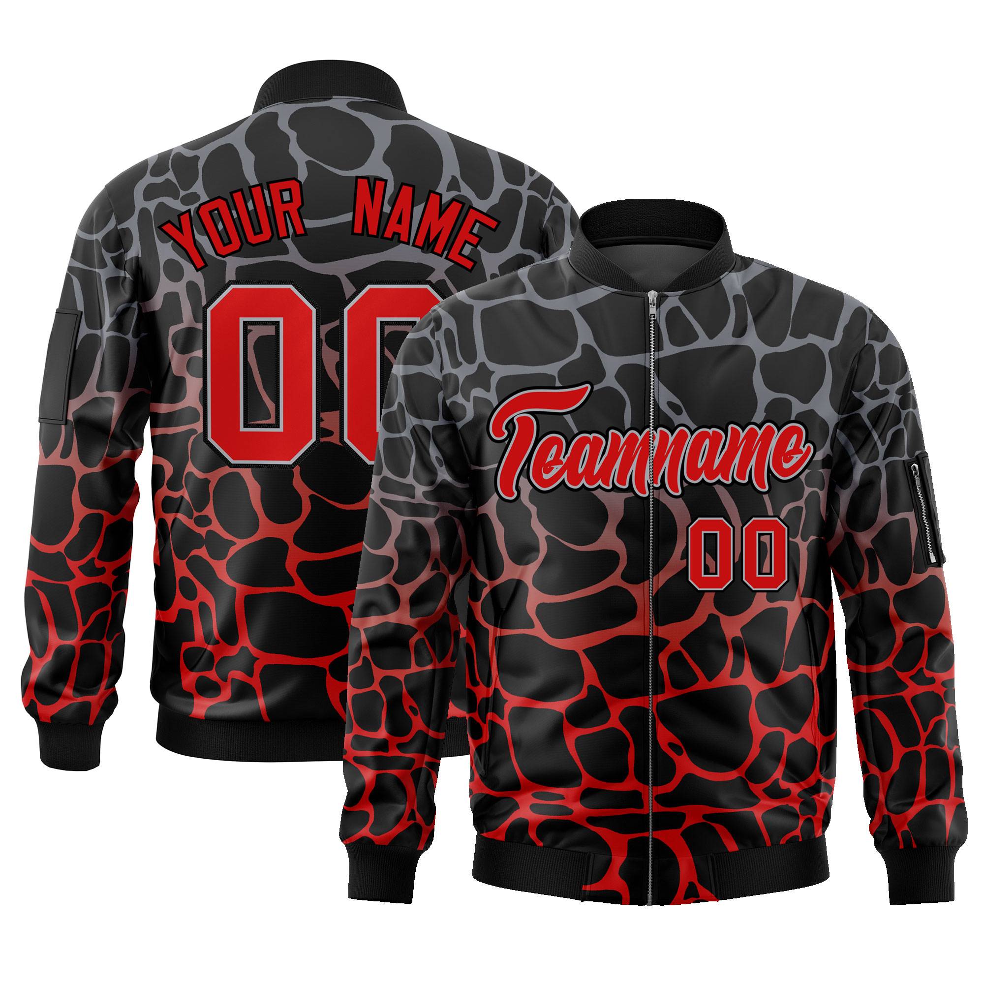 Custom Black Gray-Red Varsity Full-Zip Spotted Letterman Bomber Jacket