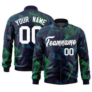 Custom Navy White Varsity Full-Zip Blur Spray Letterman Bomber Jacket