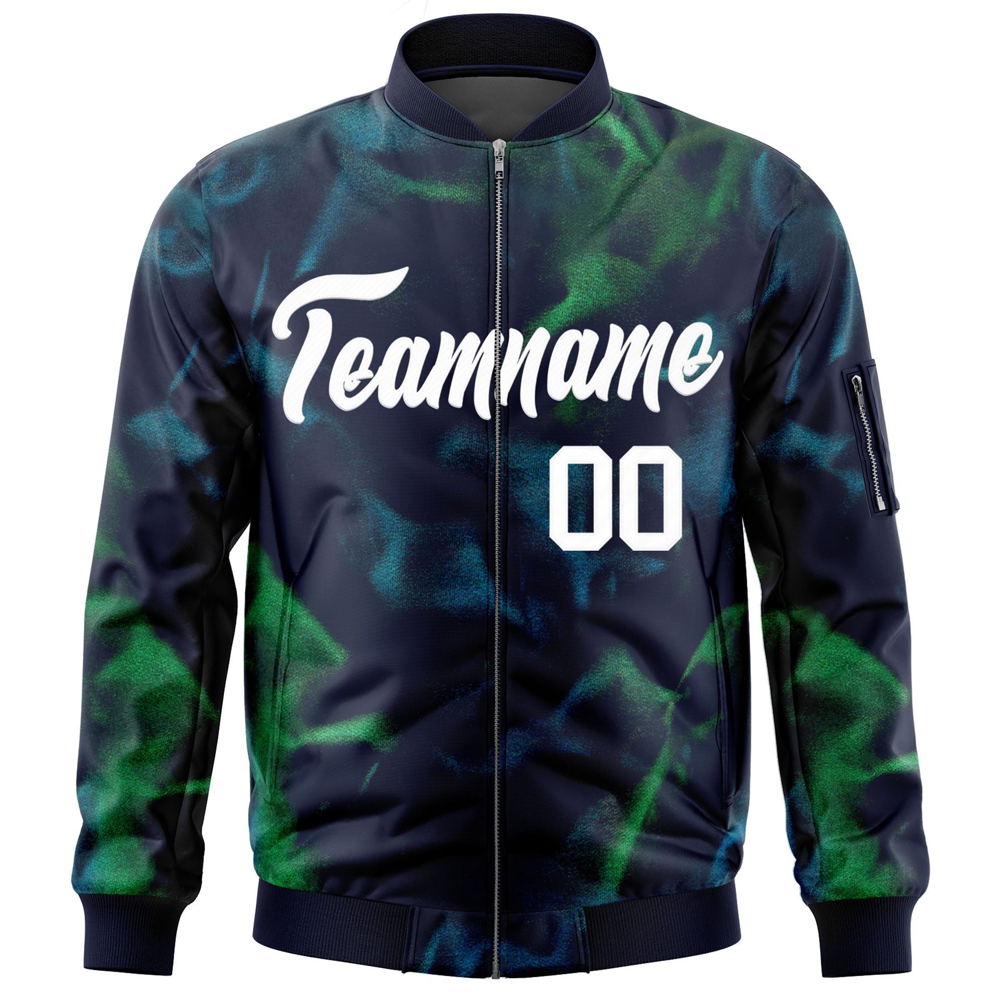 Custom Navy White Varsity Full-Zip Blur Spray Letterman Bomber Jacket