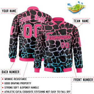 Custom Black Pink-Lt Blue Varsity Full-Zip Spotted Letterman Bomber Jacket