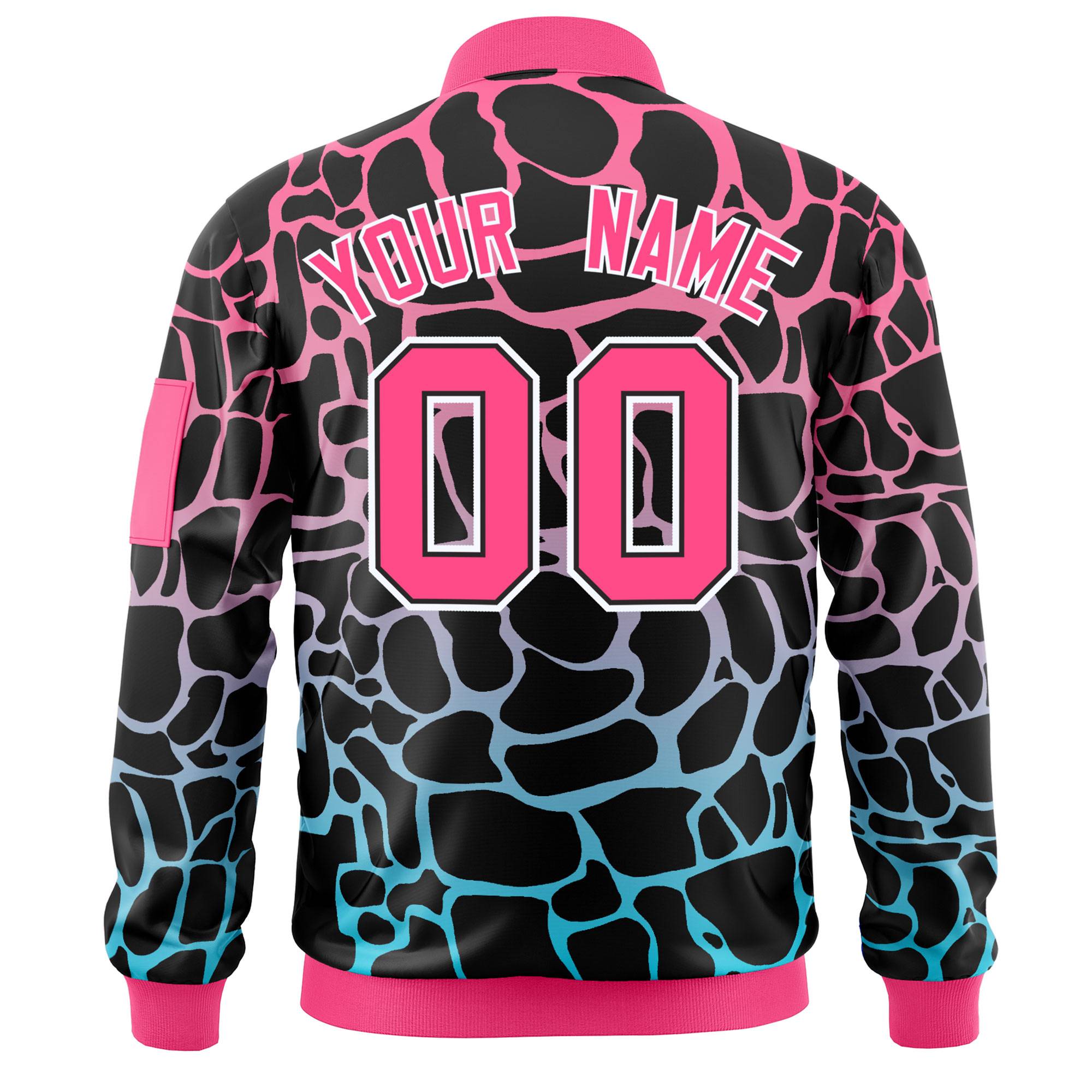 Custom Black Pink-Lt Blue Varsity Full-Zip Spotted Letterman Bomber Jacket