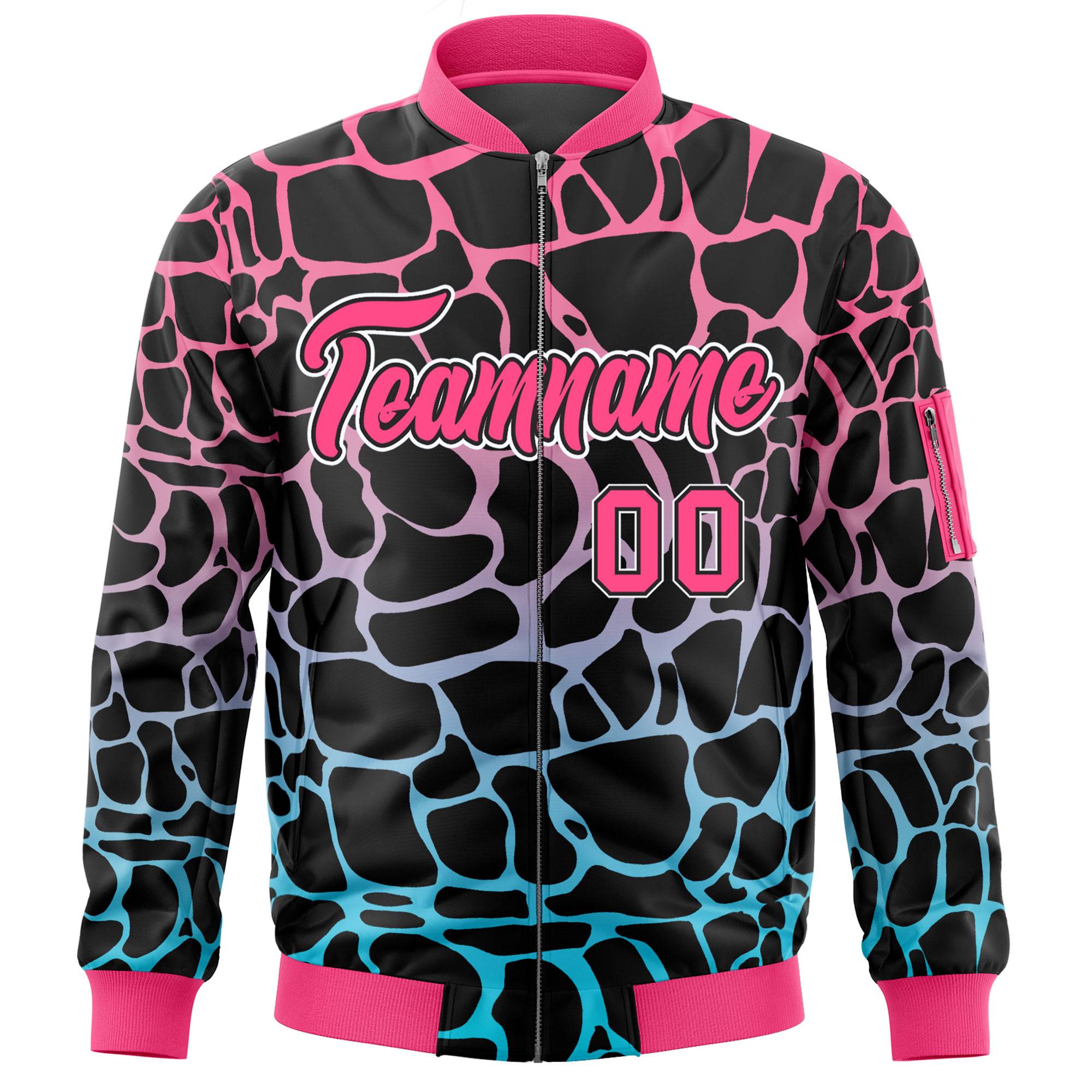 Custom Black Pink-Lt Blue Varsity Full-Zip Spotted Letterman Bomber Jacket