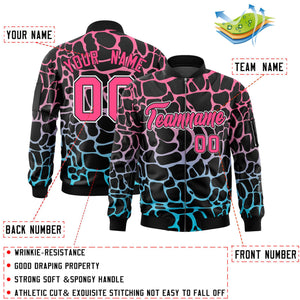 Custom Black Pink-Lt Blue Varsity Full-Zip Spotted Letterman Bomber Jacket