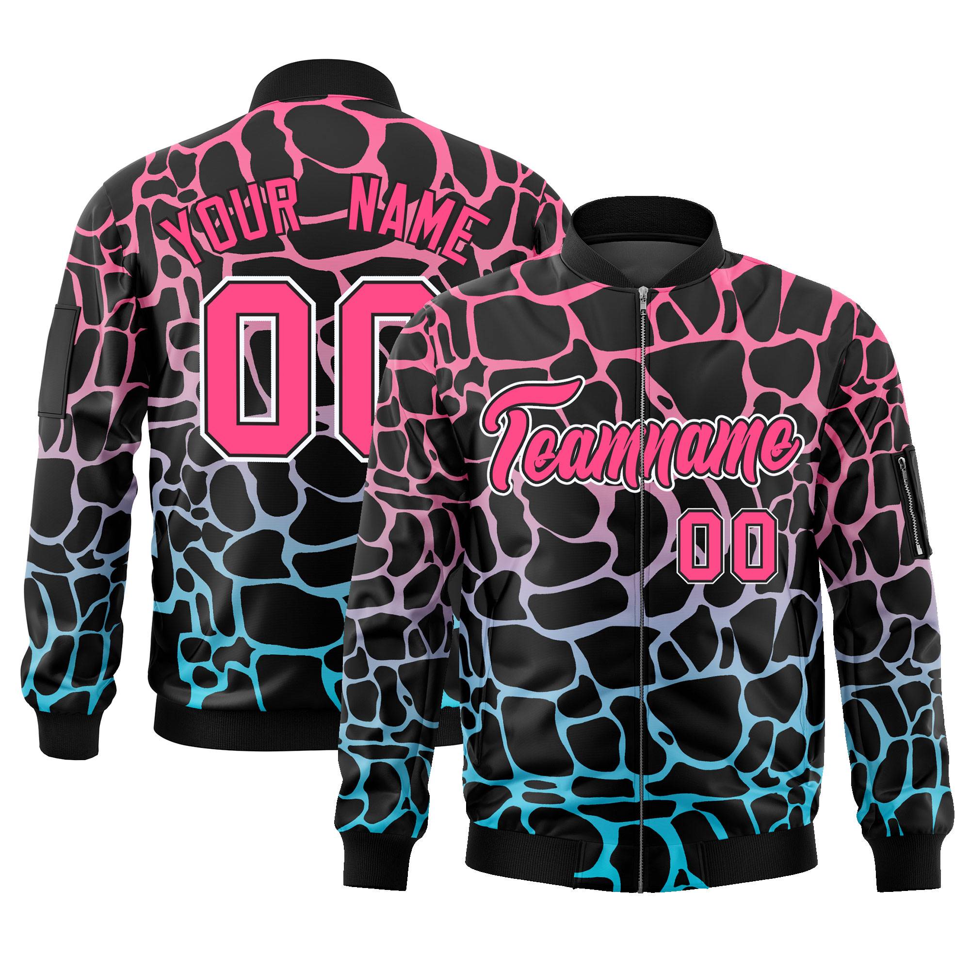 Custom Black Pink-Lt Blue Varsity Full-Zip Spotted Letterman Bomber Jacket