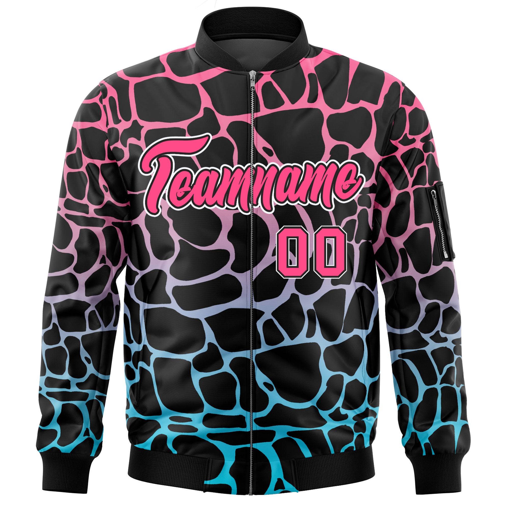 Custom Black Pink-Lt Blue Varsity Full-Zip Spotted Letterman Bomber Jacket