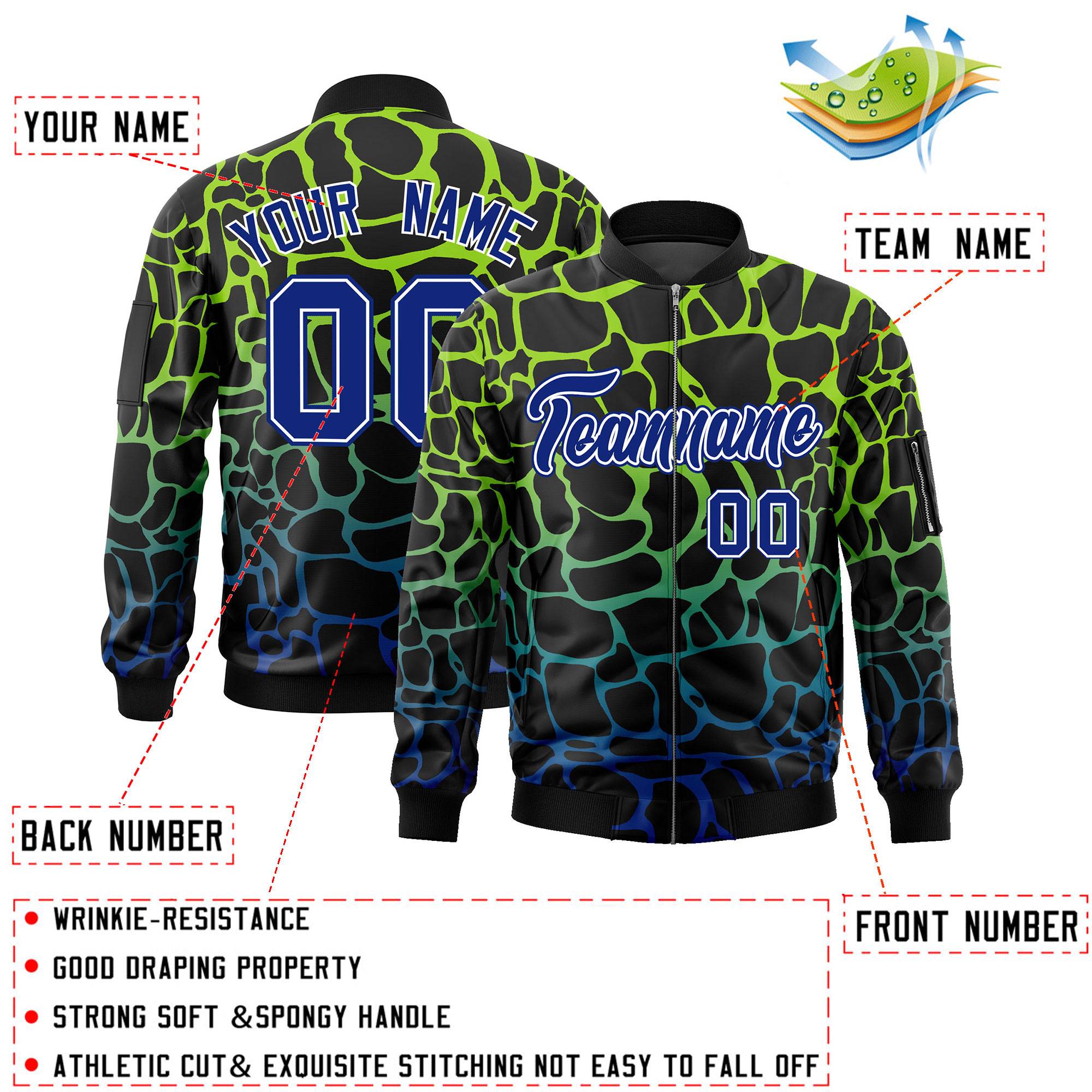 Custom Black Neon Green-Lt Blue Varsity Full-Zip Spotted Letterman Bomber Jacket