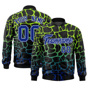 Custom Black Neon Green-Lt Blue Varsity Full-Zip Spotted Letterman Bomber Jacket