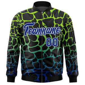 Custom Black Neon Green-Lt Blue Varsity Full-Zip Spotted Letterman Bomber Jacket